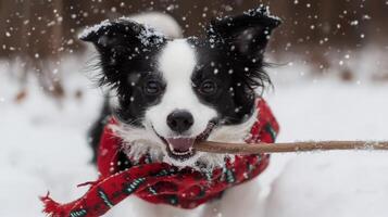 Playful dog in the snow with a red scarf. photo