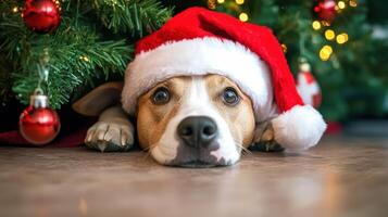Festive dog resting beneath a decorated Christmas tree. photo