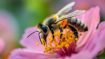 Close-up of a honeybee pollinating a vibrant pink flower. photo