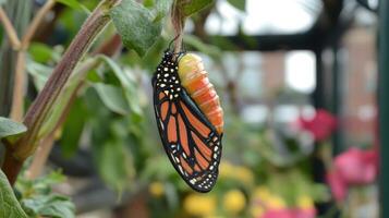 Close-up of a monarch butterfly chrysalis emerging. photo