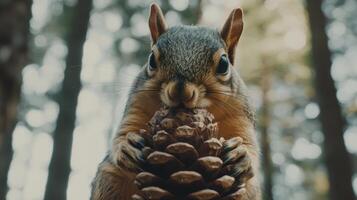 Close-up of a squirrel holding a pine cone. photo