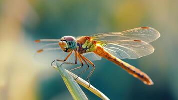 Vibrant dragonfly perched delicately on a blade of grass. photo