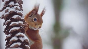 Winter scene featuring a small squirrel on a snow-covered tree trunk. photo