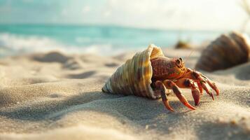 Small hermit crab resting in a seashell on sandy beach. photo