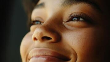 Close-up view of a young person's hopeful expression. photo