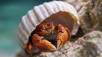 Close-up of a small crab hidden within a seashell. photo