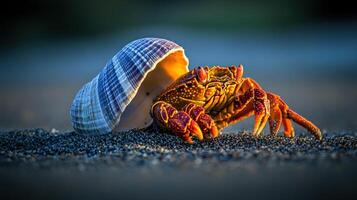 Coastal hermit crab rests within shell on dark sand. photo