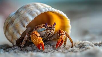 Small crab nestled within a seashell on sandy beach. photo