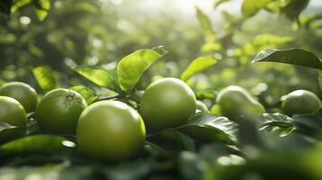 Closeup view of bright green citrus fruits on branches. photo