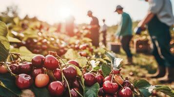 Close-up of ripe cherries in a sunny orchard. photo
