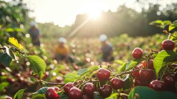 Close-up view of ripe cherries in a sunlit orchard. photo