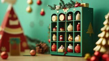 Festive wooden advent calendar display with ornaments. photo
