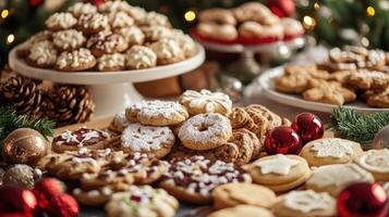 Festive holiday cookies displayed on tiered trays and a table. photo