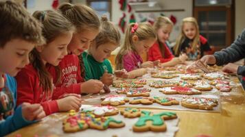 Children decorating christmas cookies at a holiday table. photo