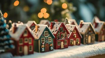 Festive miniature houses in a snowy village setting. photo