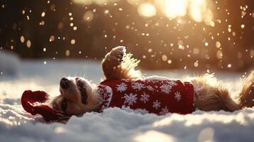 A joyful canine in a festive sweater basking in winter snowfall. photo