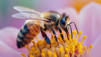 A bee is on a pink flower with a yellow center photo