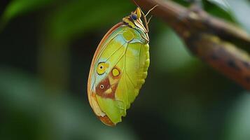 Close-up of a vibrant butterfly resting upside down. photo