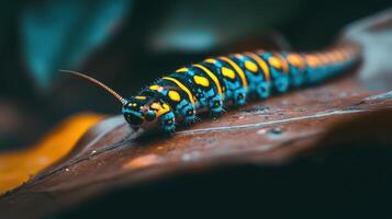 A caterpillar with black and yellow spots on its back photo