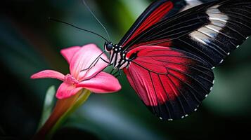 Close-up view of a vibrant red butterfly on a pink flower. photo