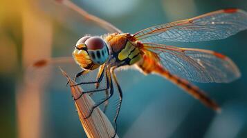 Close-up view of a colorful dragonfly perched on a reed. photo