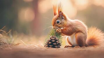 A red squirrel consuming a pine cone in a natural setting. photo
