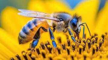 Detailed close-up of a honeybee on a sunflower bloom. photo