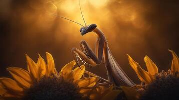 Radiant praying mantis amidst golden sunflowers. photo