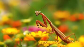 Close-up view of a praying mantis amidst vibrant blossoms. photo