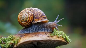 Close-up view of a snail on a mushroom in a natural setting. photo