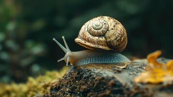 Close-up of a snail on a mossy tree stump. photo