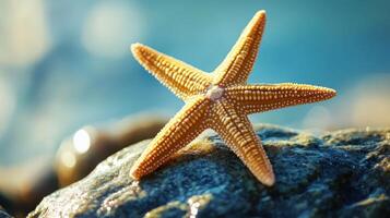 Golden starfish resting on a wet, dark stone. photo