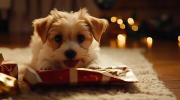 Adorable puppy resting on Christmas gift wrapping. photo