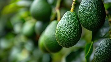 Fresh avocados hanging from branches in a lush orchard. photo