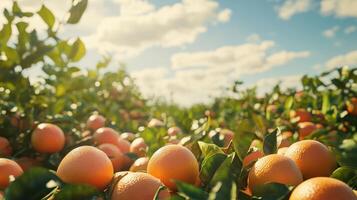 Abundant citrus fruits ripening on orchard trees. photo