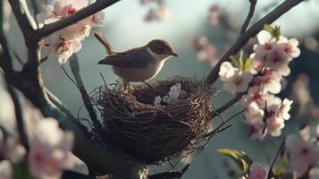 A small bird sits in a nest among blossoms. photo