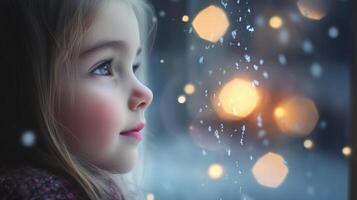Close-up view of a girl gazing out a winter window. photo
