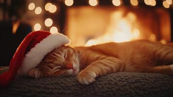 Sleepy ginger cat wearing a santa hat by a warm fireplace. photo