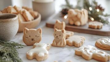 Festive animal-shaped cookies, arranged on a table. photo