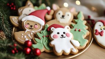 Festive Christmas cookies with icing and woodland animal shapes. photo