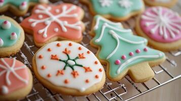 Festive, iced cookies in various holiday shapes. photo