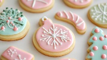 Festive, decorated Christmas cookies arranged on a surface. photo