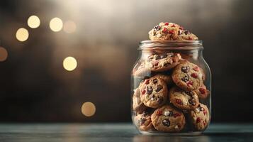 Stacked chocolate chip cookies in a glass jar. photo
