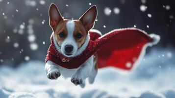 A joyful pup in flight, wearing a superhero cape. photo