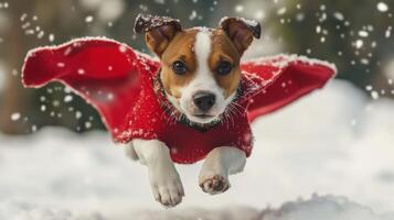 Playful pup in a red cape, flying through winter snow. photo