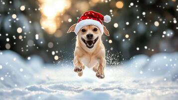 A dog wearing a santa hat is running through the snow photo