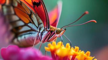 Close-up view of a vibrant butterfly feeding on a flower. photo