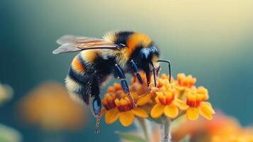 Vibrant close-up of a bee on a flower cluster. photo