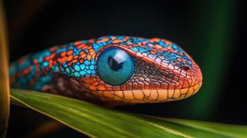 Close-up of a colorful lizard resting on a leaf. photo