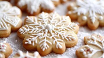 Festive snowflake-shaped cookies decorated with icing. photo